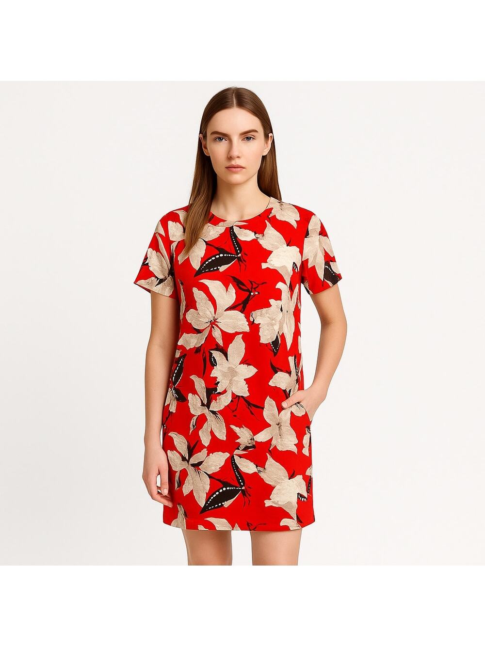 Abercrombie & Fitch Women's Red Floral Crew Neck Short Sleeve Mini Shift Dress S
